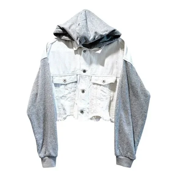 NWOT Dance & Marvel White Gray, Raw Hem, Crop Detachable Hoodie, Denim Jacket, - Picture 7 of 15